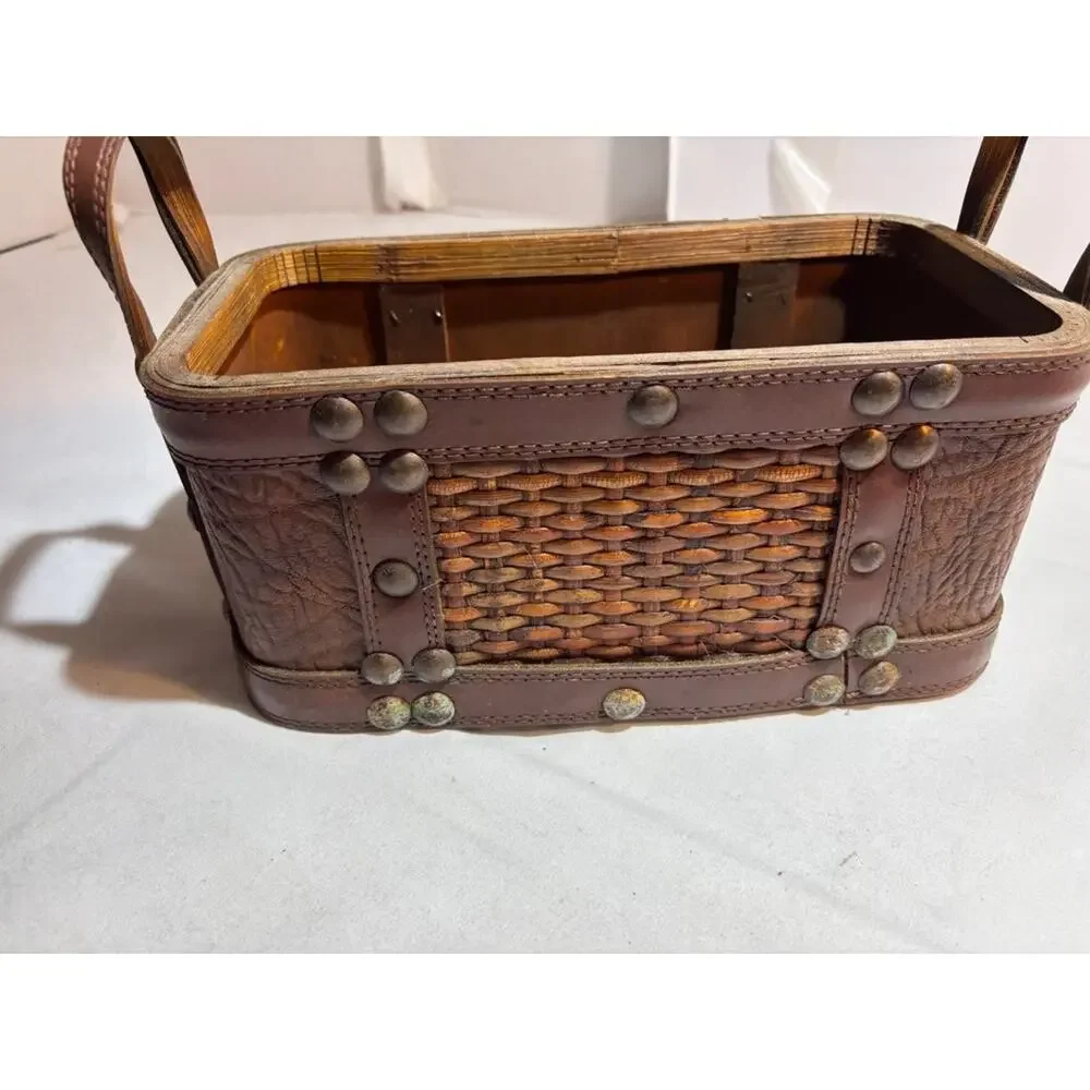 Vintage Wooden Basket with Leather Accents by Burton & Burton